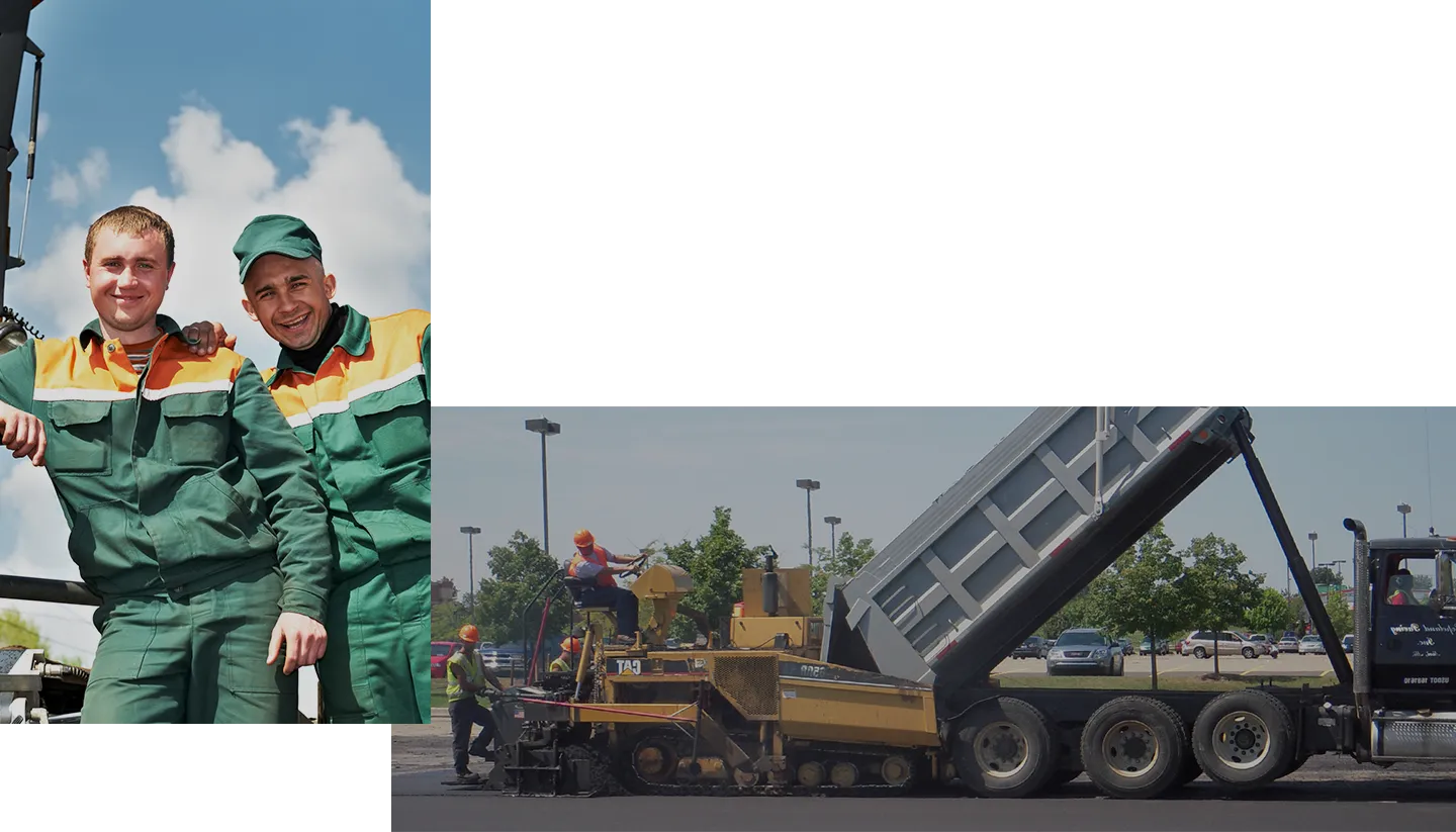 Portrait image of two uniformed workers overlapping a landscape image of workers using paving equipment
