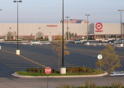 Wide shot of a newly paved and lined Target parking lot